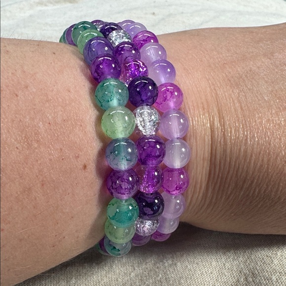 Handmade Purple and Green Glass Beaded Bracelet Set - Picture 3 of 3